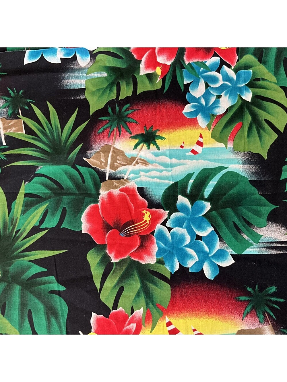 Tropical Flowers Sail Boats Water Bright Colorful Cotton Fabric 3.5 Yd x 43" W